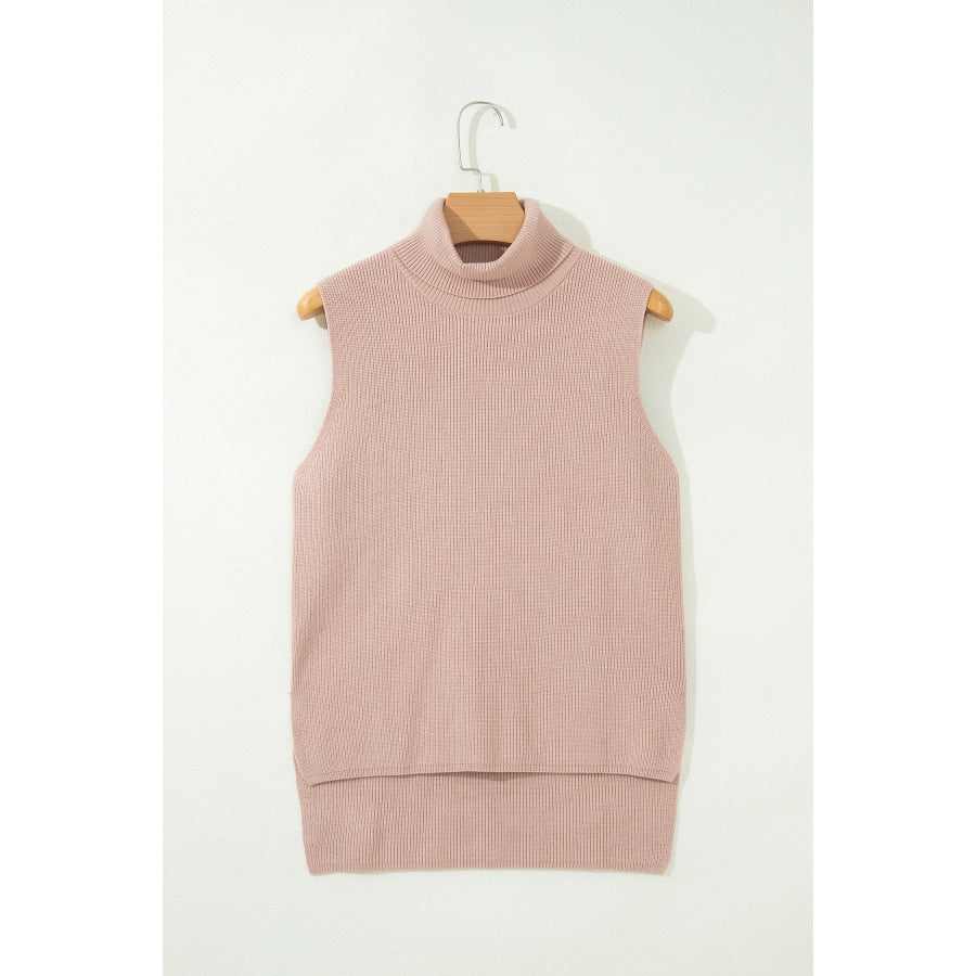 Light French Beige Sleeveless High Neck Knit Split Hem Shift Silhouette Wool Sweater Vest Sweaters & Cardigans/Sweater Vests