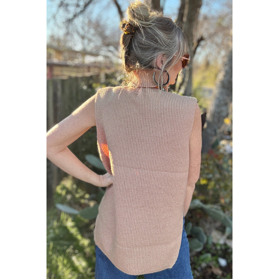 Light French Beige Sleeveless High Neck Knit Split Hem Shift Silhouette Wool Sweater Vest Sweaters & Cardigans/Sweater Vests