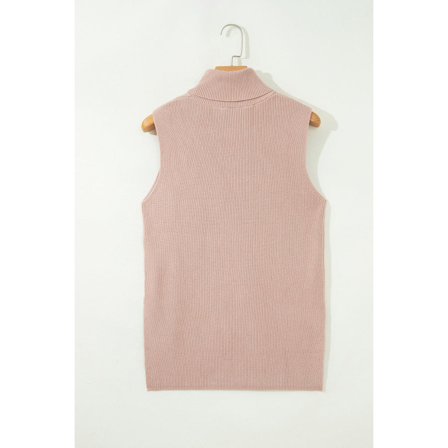 Light French Beige Sleeveless High Neck Knit Split Hem Shift Silhouette Wool Sweater Vest Sweaters & Cardigans/Sweater Vests