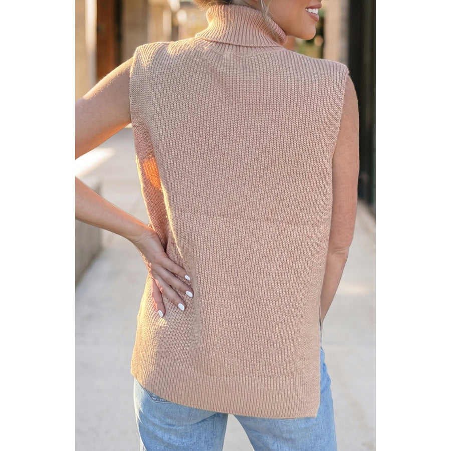 Light French Beige Sleeveless High Neck Knit Split Hem Shift Silhouette Wool Sweater Vest Sweaters & Cardigans/Sweater Vests