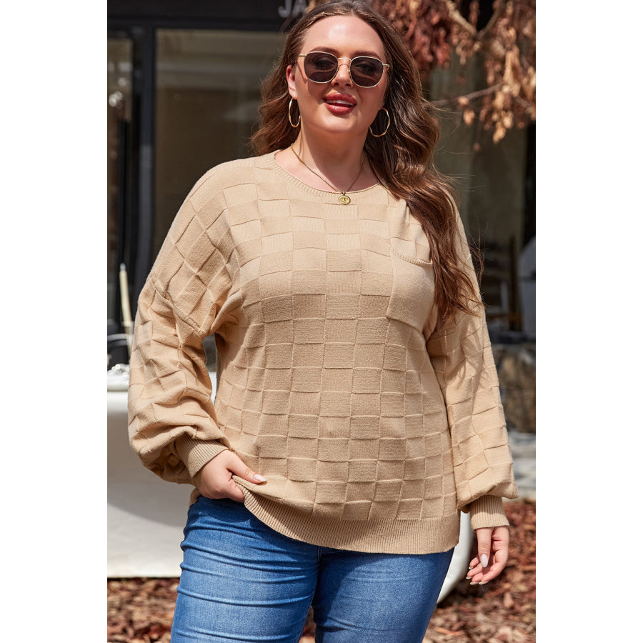 Light French Beige Solid Checkered Textured Knit Plus Size Sweater Sale (50% OFF)/Sale OFF)