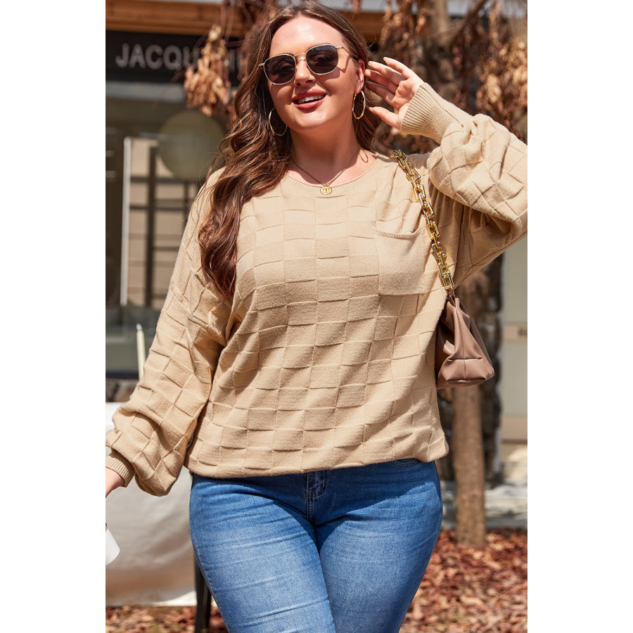 Light French Beige Solid Checkered Textured Knit Plus Size Sweater Sale (50% OFF)/Sale (50% OFF)