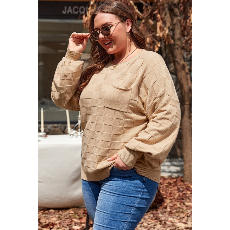 Light French Beige Solid Checkered Textured Knit Plus Size Sweater Sale (50% OFF)/Sale OFF)