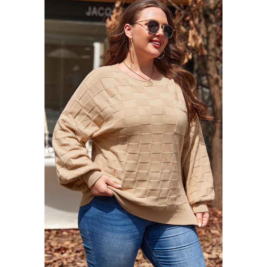 Light French Beige Solid Checkered Textured Knit Plus Size Sweater Sale (50% OFF)/Sale OFF)