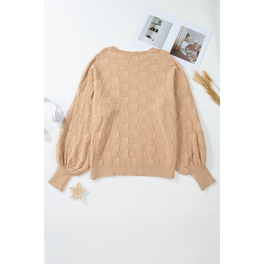 Light French Beige Solid Checkered Textured Knit Plus Size Sweater Sale (50% OFF)/Sale OFF)