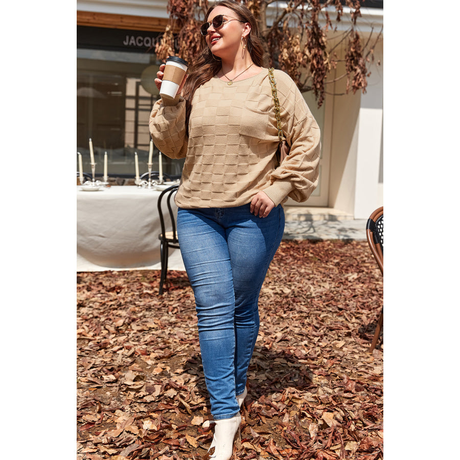 Light French Beige Solid Checkered Textured Knit Plus Size Sweater Sale (50% OFF)/Sale OFF)