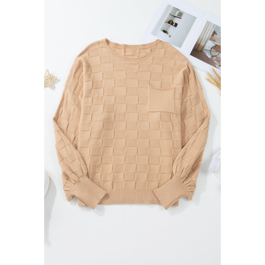 Light French Beige Solid Checkered Textured Knit Plus Size Sweater Sale (50% OFF)/Sale OFF)