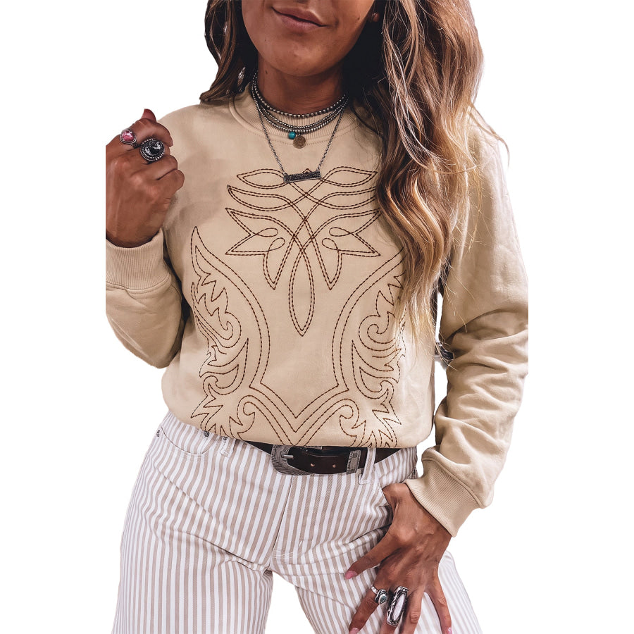 Light French Beige Western Embroidery Round Neck Pullover Long Sleeve Sweatshirt Tops/Sweatshirts & Hoodies