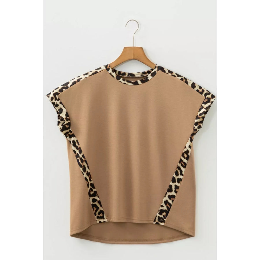 Light French Leopard Trim Round Neck Loose T Shirt Apparel and Accessories