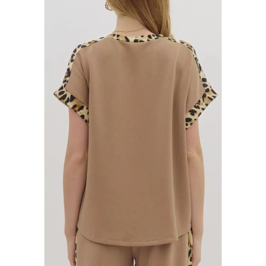 Light French Leopard Trim Round Neck Loose T Shirt Camel / S Apparel and Accessories