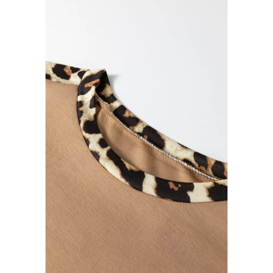 Light French Leopard Trim Round Neck Loose T Shirt Apparel and Accessories