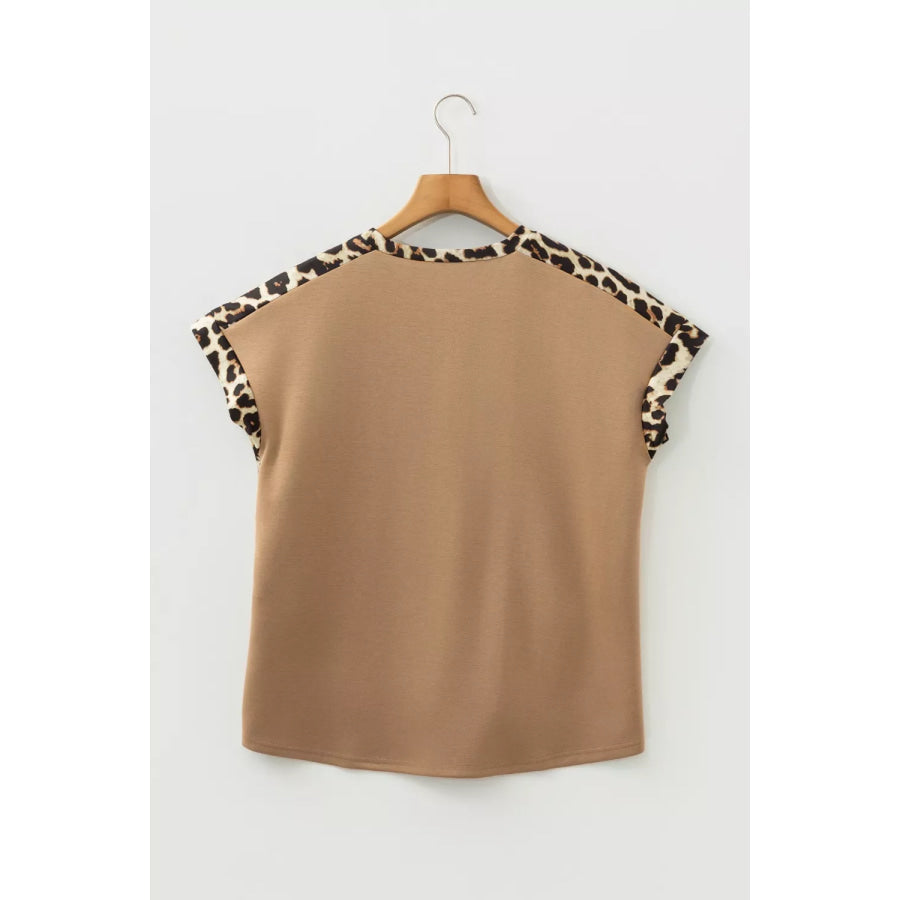 Light French Leopard Trim Round Neck Loose T Shirt Apparel and Accessories