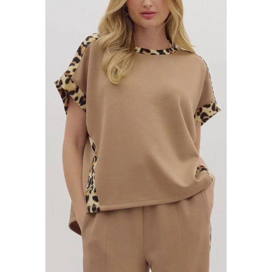 Light French Leopard Trim Round Neck Loose T Shirt Camel / S Apparel and Accessories