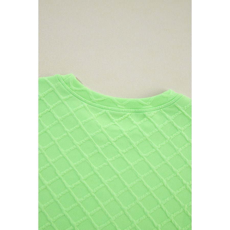 Light Green Checkered Textured Tee and Drawstring Shorts Two Piece Sets/Short Sets