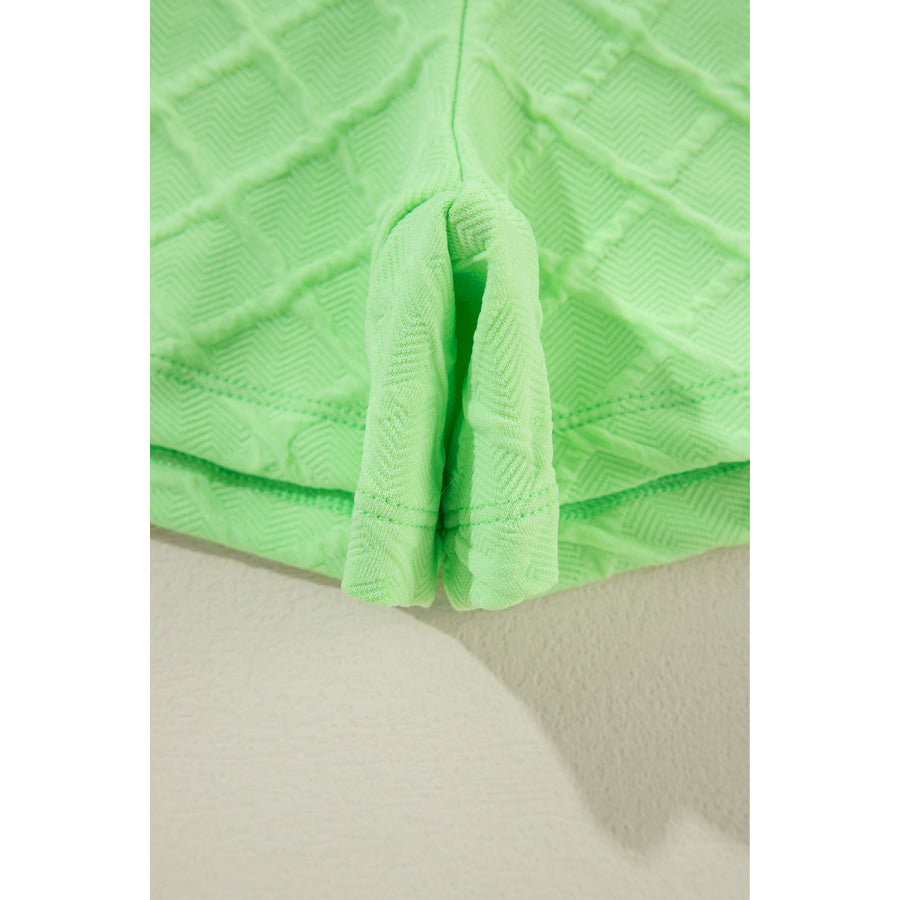 Light Green Checkered Textured Tee and Drawstring Shorts Two Piece Sets/Short Sets