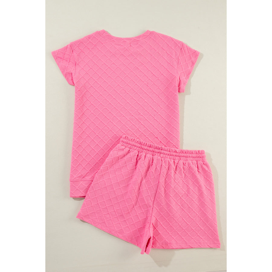 Light Green Checkered Textured Tee and Drawstring Shorts Two Piece Sets/Short Sets