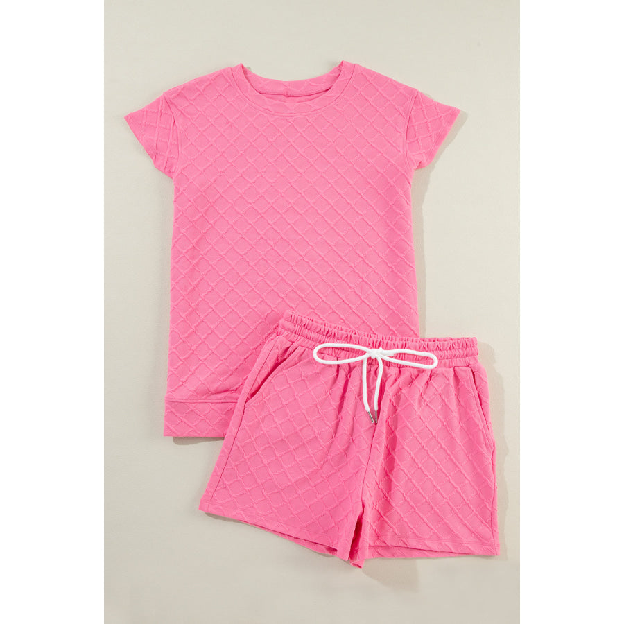 Light Green Checkered Textured Tee and Drawstring Shorts Two Piece Sets/Short Sets