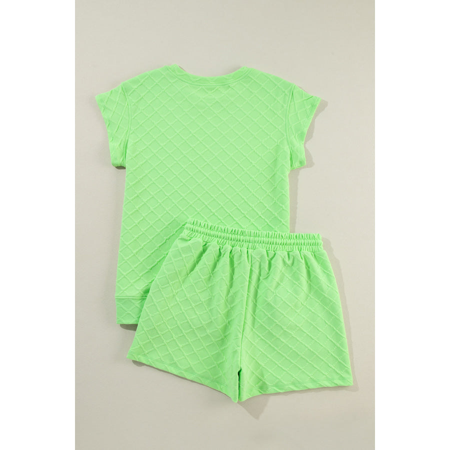 Light Green Checkered Textured Tee and Drawstring Shorts Two Piece Sets/Short Sets
