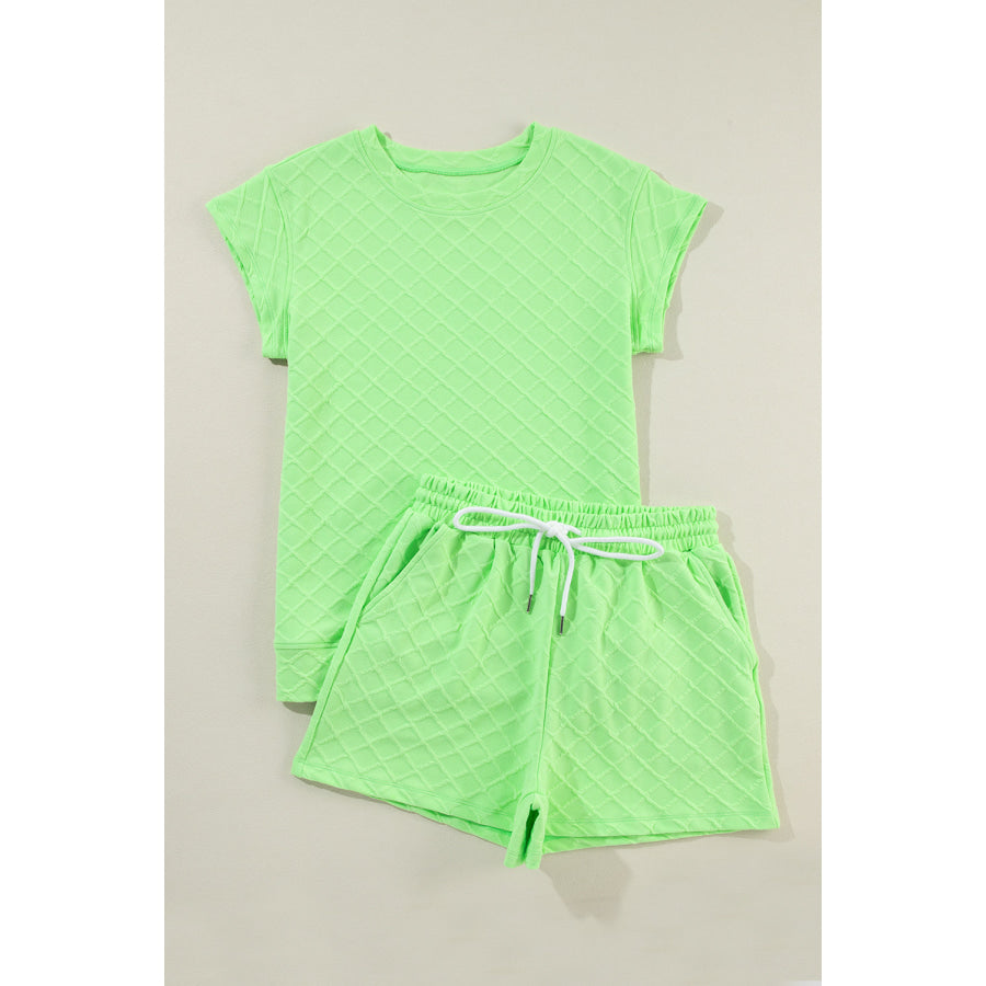 Light Green Checkered Textured Tee and Drawstring Shorts Two Piece Sets/Short Sets