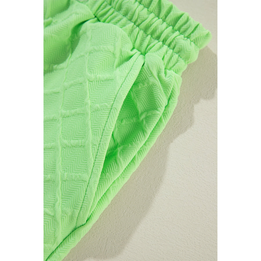 Light Green Checkered Textured Tee and Drawstring Shorts Two Piece Sets/Short Sets