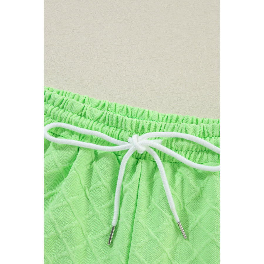 Light Green Checkered Textured Tee and Drawstring Shorts Two Piece Sets/Short Sets