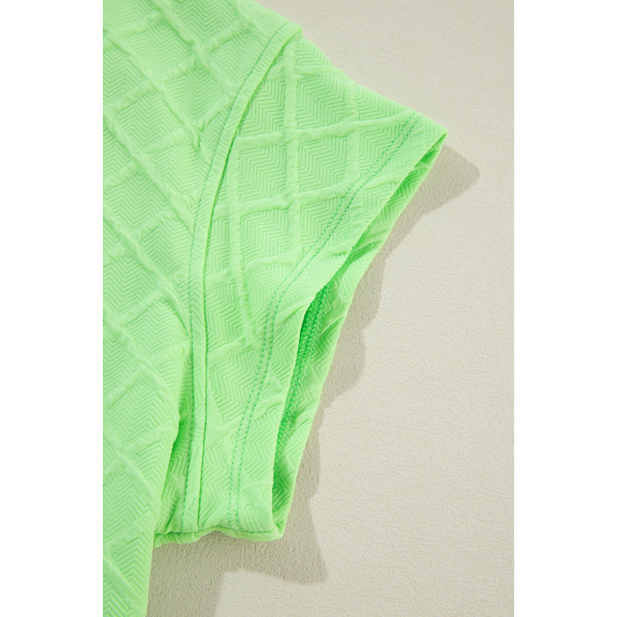 Light Green Checkered Textured Tee and Drawstring Shorts Two Piece Sets/Short Sets