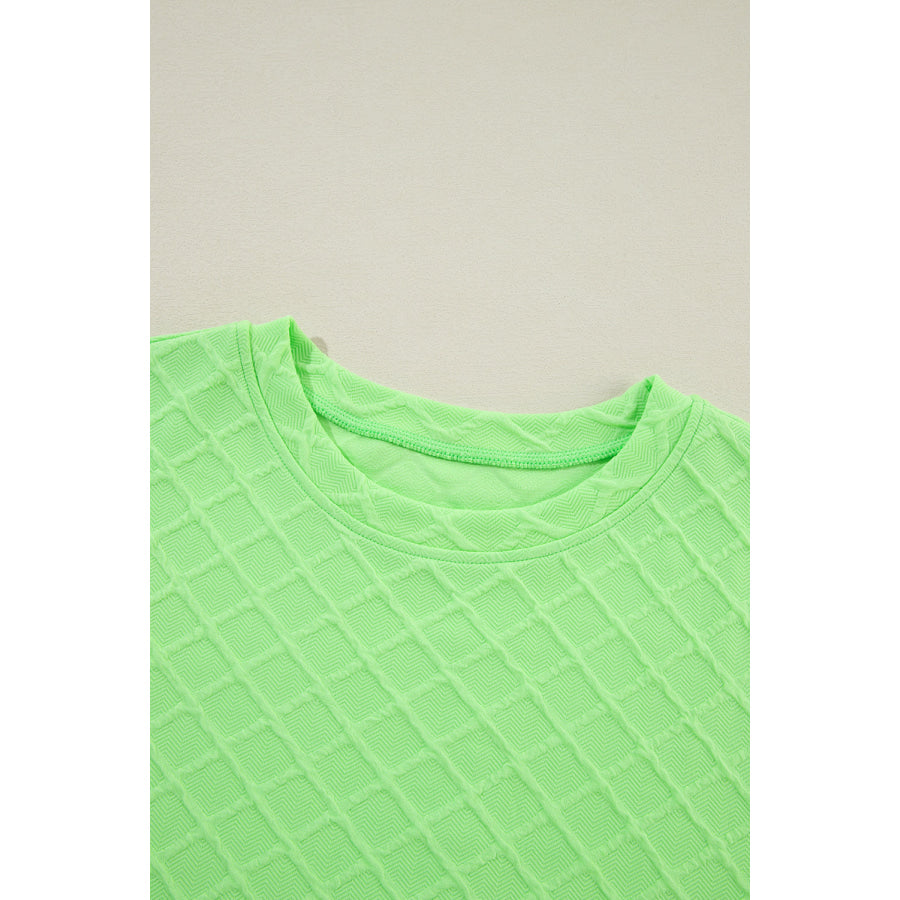 Light Green Checkered Textured Tee and Drawstring Shorts Two Piece Sets/Short Sets
