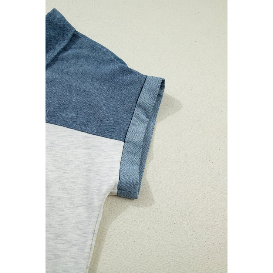 Light Grey Color Block Denim Patchwork Button Polo Collar Short Sleeve Top Tops/Blouses & Shirts