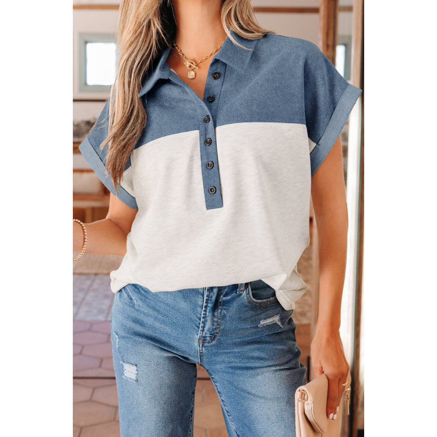 Light Grey Color Block Denim Patchwork Button Polo Collar Short Sleeve Top Tops/Blouses & Shirts