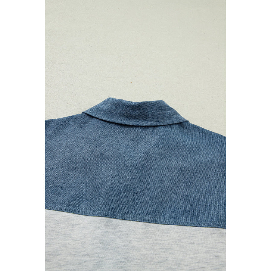 Light Grey Color Block Denim Patchwork Button Polo Collar Short Sleeve Top Tops/Blouses & Shirts