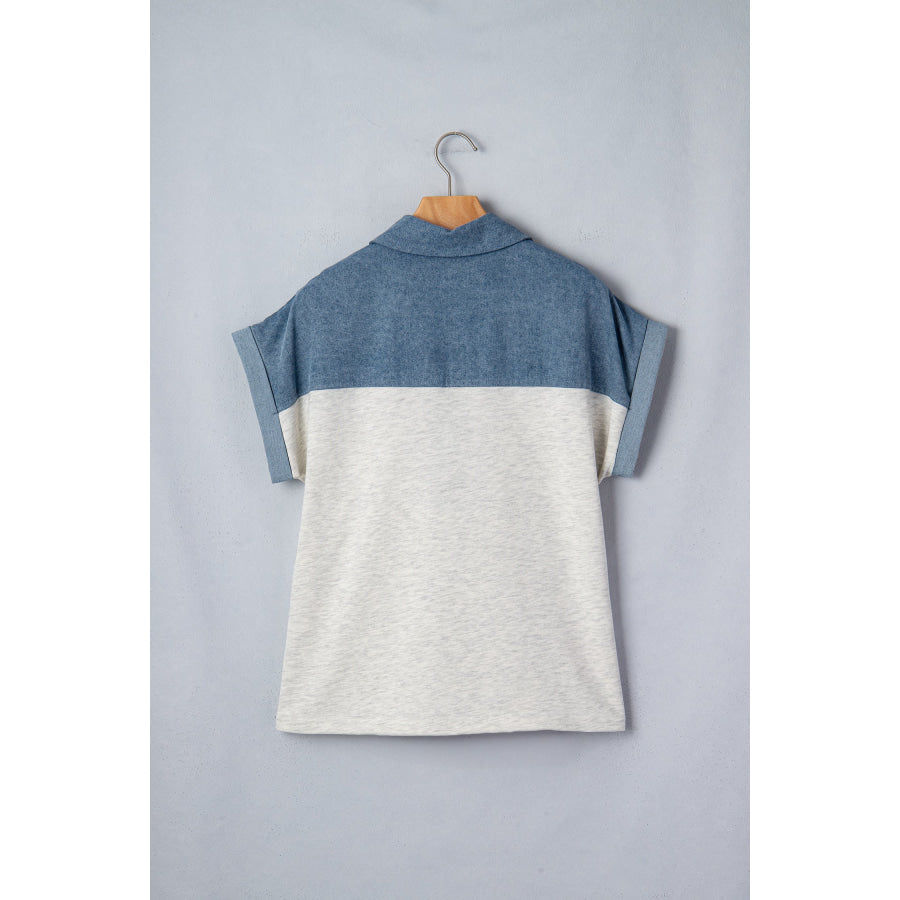 Light Grey Color Block Denim Patchwork Button Polo Collar Short Sleeve Top Tops/Blouses & Shirts