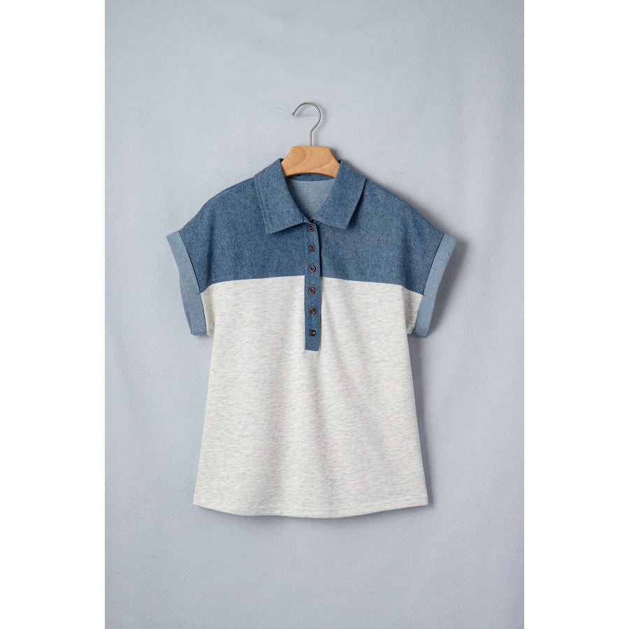 Light Grey Color Block Denim Patchwork Button Polo Collar Short Sleeve Top Tops/Blouses & Shirts