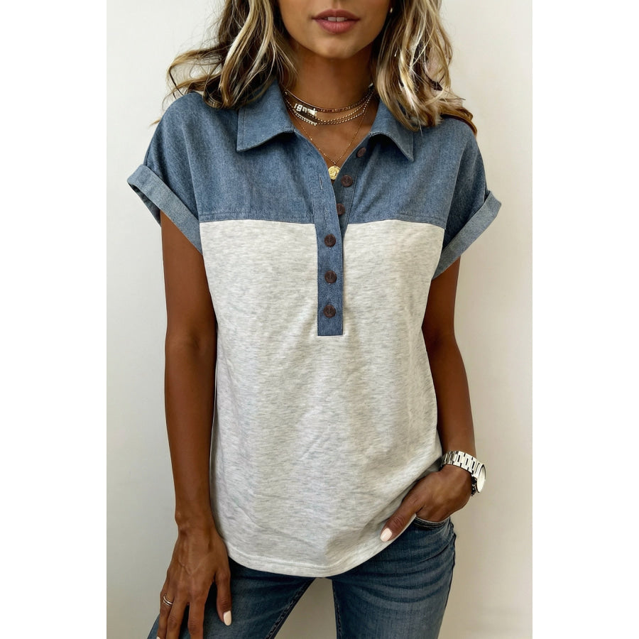 Light Grey Color Block Denim Patchwork Button Polo Collar Short Sleeve Top Tops/Blouses & Shirts
