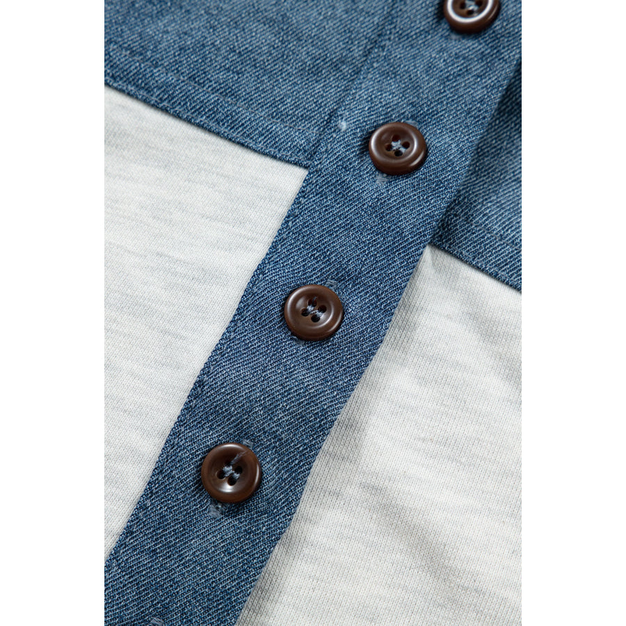Light Grey Color Block Denim Patchwork Button Polo Collar Short Sleeve Top Tops/Blouses & Shirts