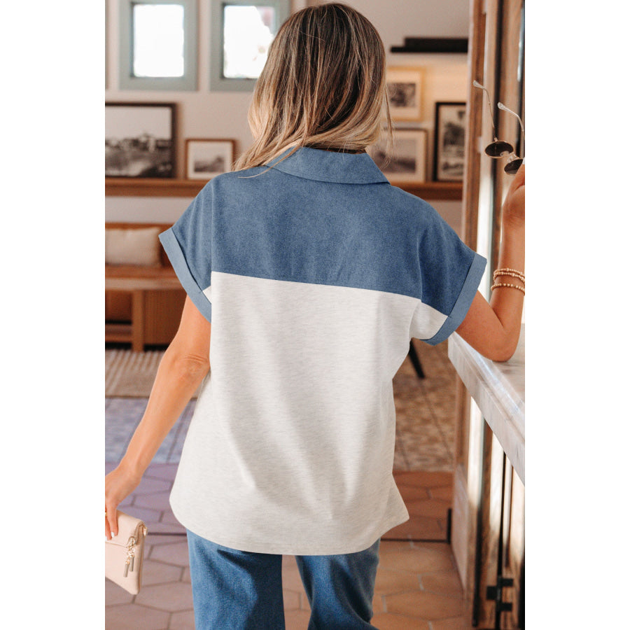 Light Grey Color Block Denim Patchwork Button Polo Collar Short Sleeve Top Tops/Blouses & Shirts