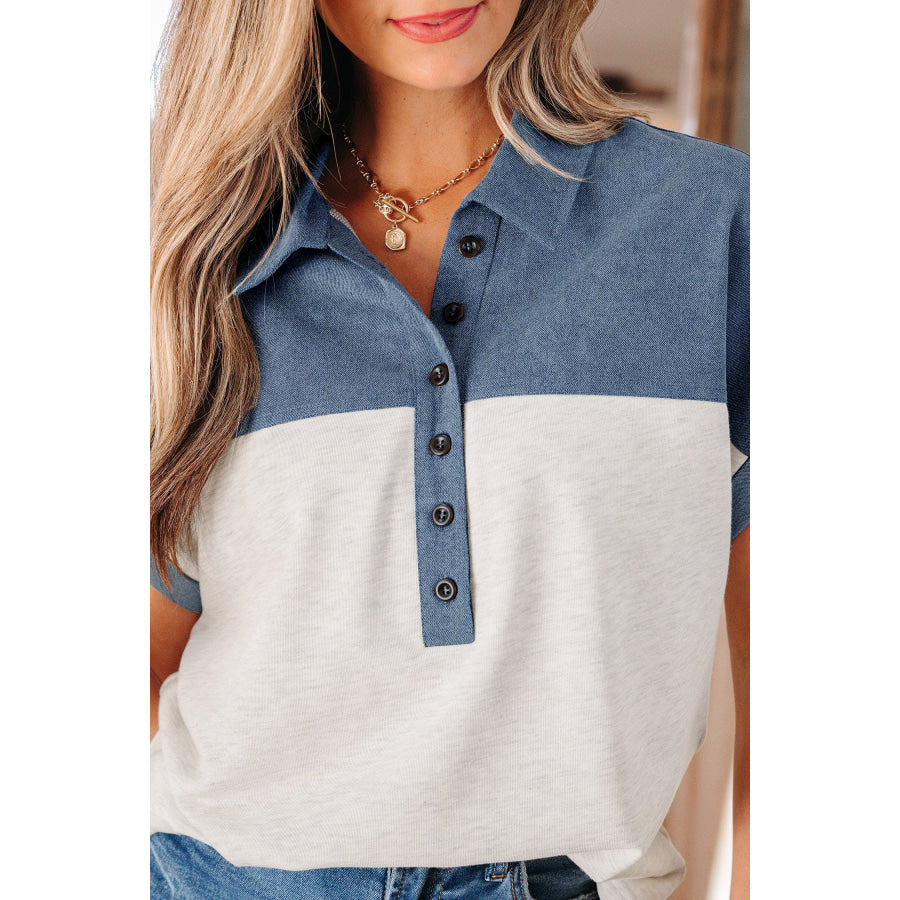 Light Grey Color Block Denim Patchwork Button Polo Collar Short Sleeve Top Tops/Blouses & Shirts