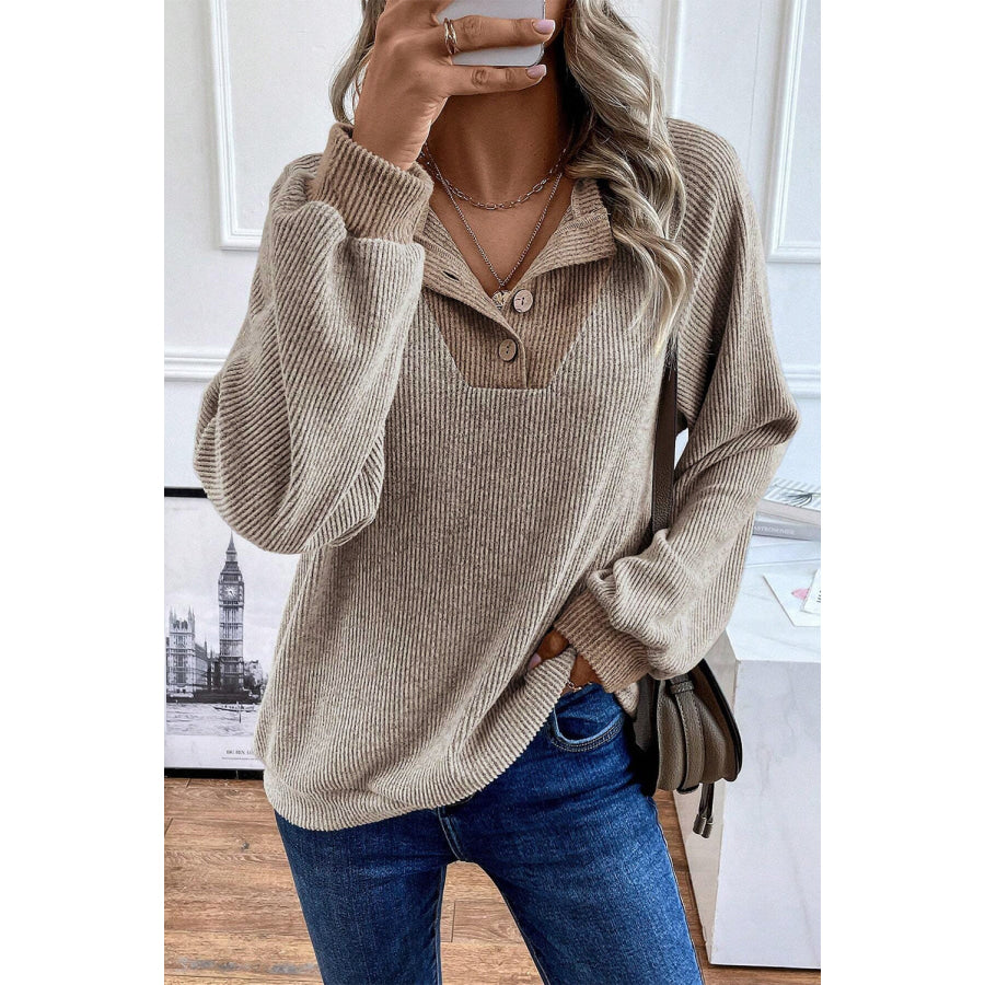 Light Grey Color Contrast Ribbed Loose Fit Long Sleeve Top Jet Stream / S / 97% Polyester + 3% Elastane Tops/Long Sleeve Tops