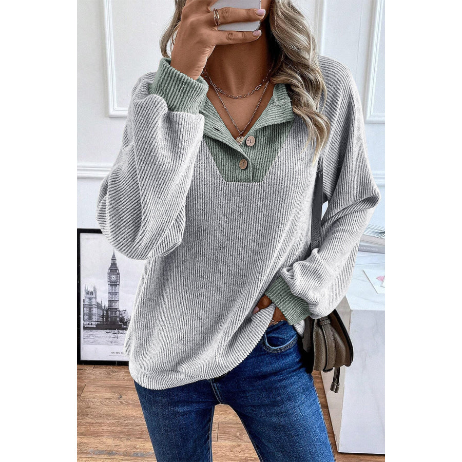 Light Grey Color Contrast Ribbed Loose Fit Long Sleeve Top Light Grey / S / 97% Polyester + 3% Elastane Tops/Long Sleeve Tops