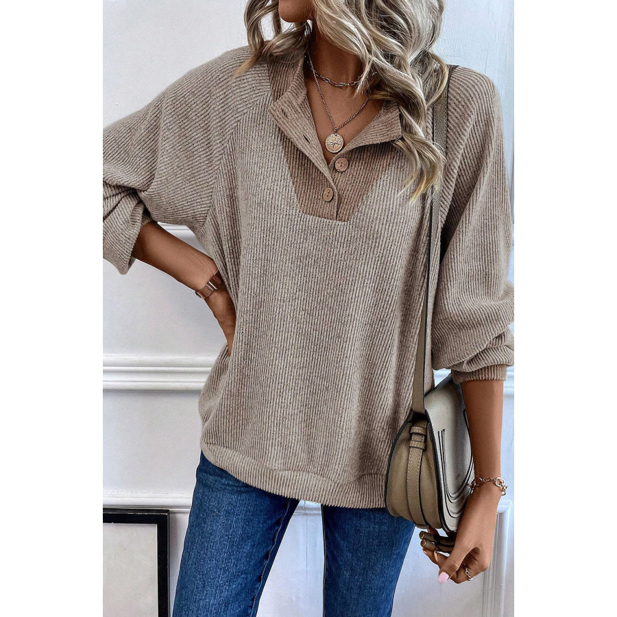 Light Grey Color Contrast Ribbed Loose Fit Long Sleeve Top Tops/Long Sleeve Tops
