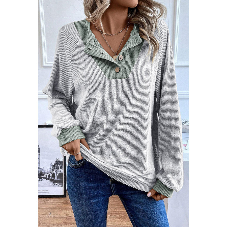 Light Grey Color Contrast Ribbed Loose Fit Long Sleeve Top Tops/Long Sleeve Tops