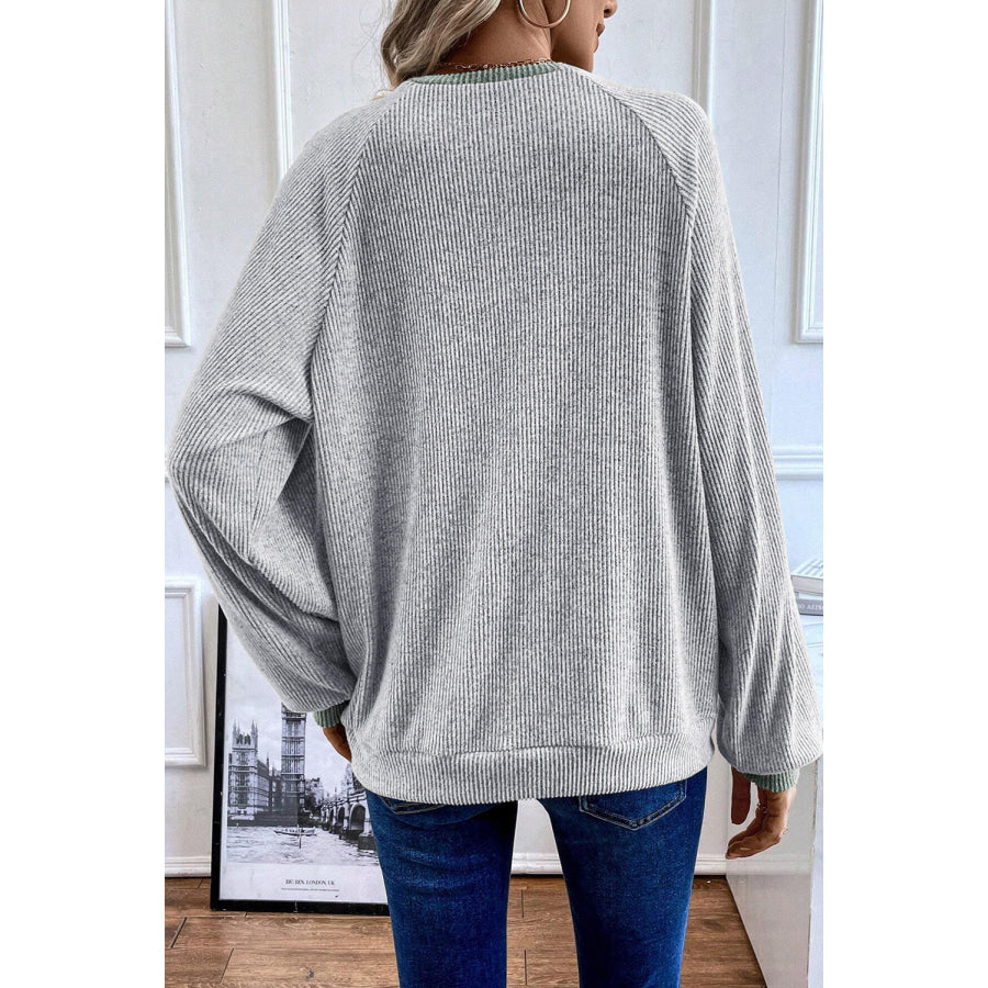 Light Grey Color Contrast Ribbed Loose Fit Long Sleeve Top Tops/Long Sleeve Tops