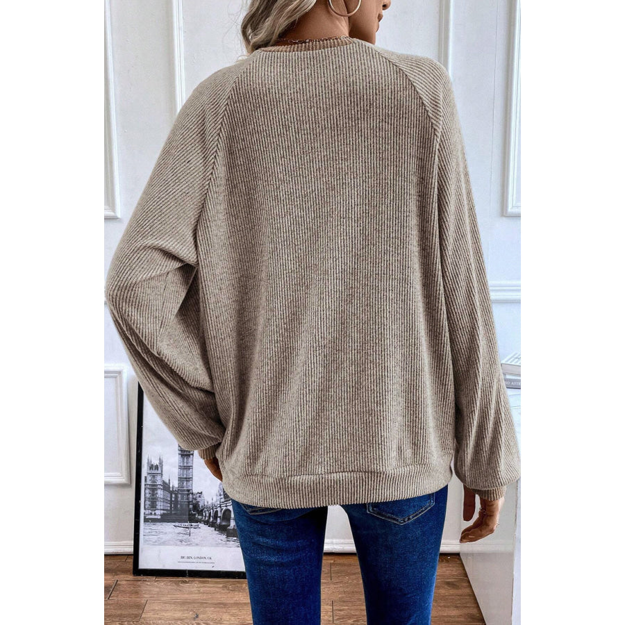 Light Grey Color Contrast Ribbed Loose Fit Long Sleeve Top Tops/Long Sleeve Tops