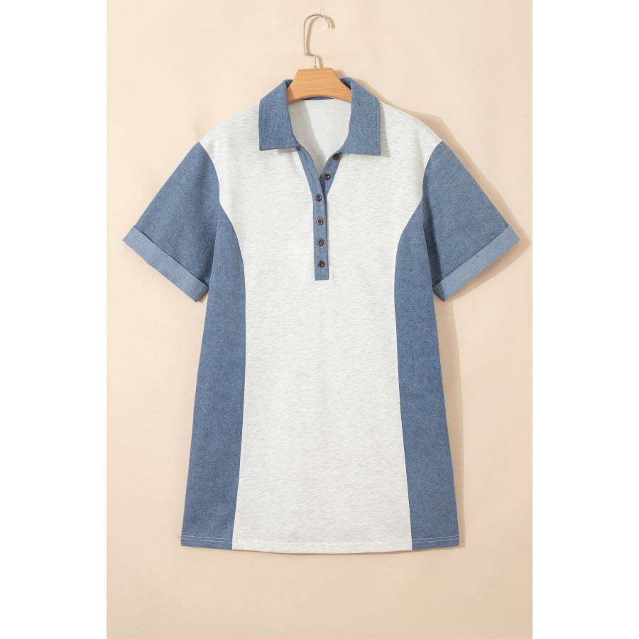 Light Grey Denim Color Block Patchwork Button Polo Collar T Shirt Tunic Dress Dresses/T Shirt Dresses