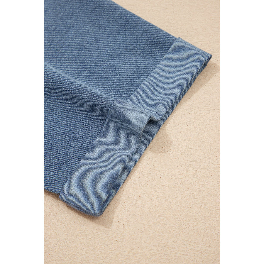 Light Grey Denim Color Block Patchwork Button Polo Collar T Shirt Tunic Dress Dresses/T Shirt Dresses