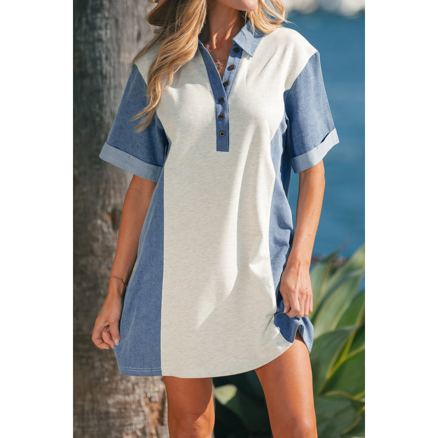 Light Grey Denim Color Block Patchwork Button Polo Collar T Shirt Tunic Dress Dresses/T Shirt Dresses