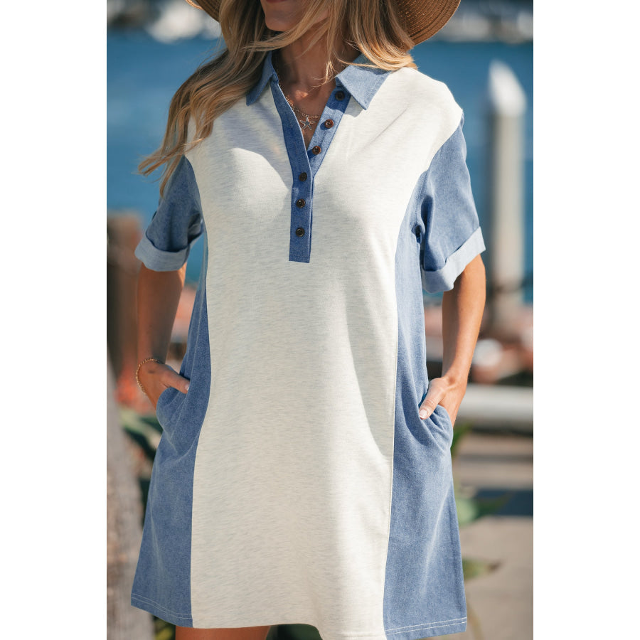 Light Grey Denim Color Block Patchwork Button Polo Collar T Shirt Tunic Dress Dresses/T Shirt Dresses