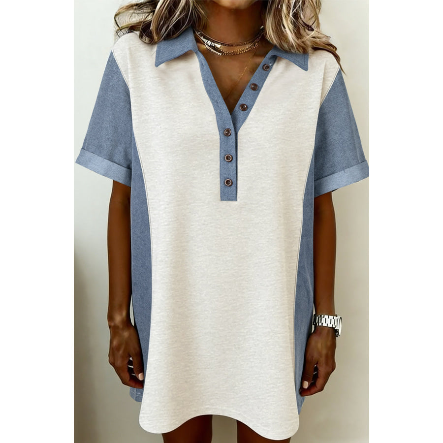 Light Grey Denim Color Block Patchwork Button Polo Collar T Shirt Tunic Dress Light Grey / S / 65% Polyester + 35% Cotton Dresses/T Shirt