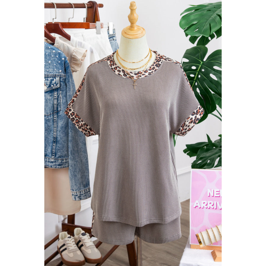 Light Grey Leopard Trim Twist Ribbed Short Set Two Piece Sets/Short Sets