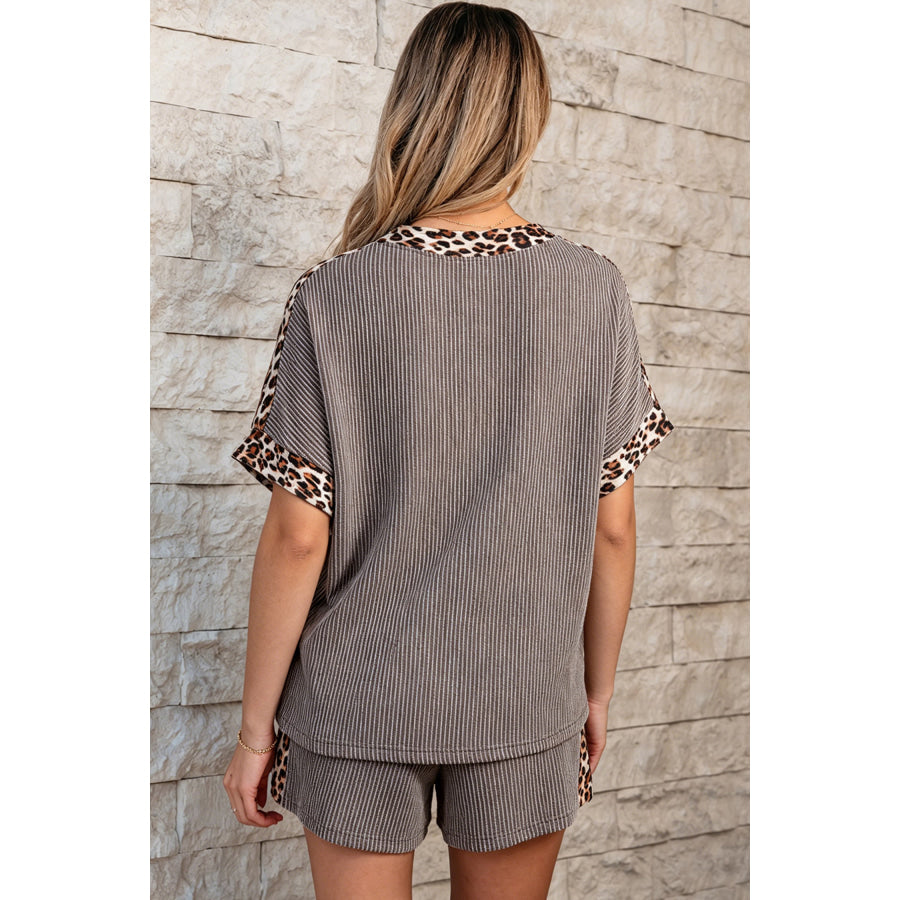 Light Grey Leopard Trim Twist Ribbed Short Set Two Piece Sets/Short Sets
