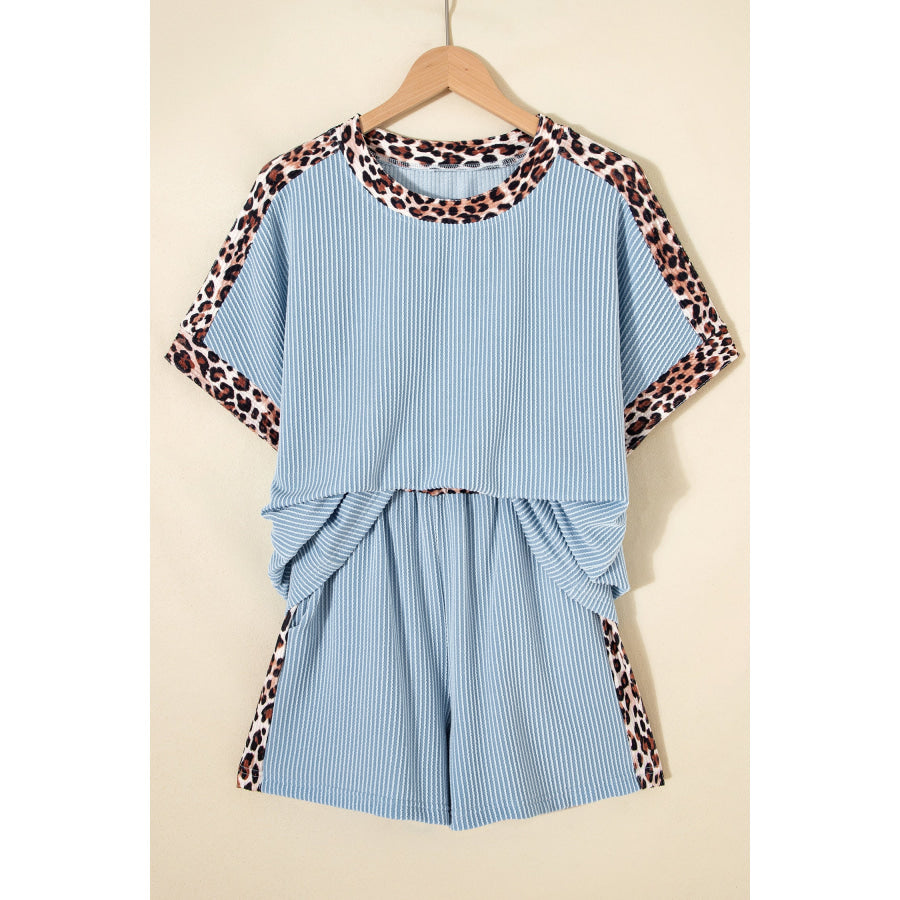 Light Grey Leopard Trim Twist Ribbed Short Set Two Piece Sets/Short Sets